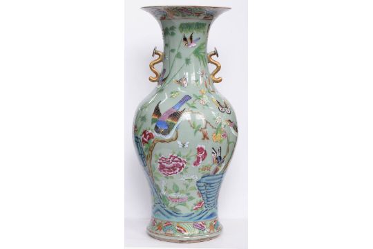 A pair of Chinese celadon ground Canton famille rose vases, second half 19th c, with ruyi sceptre - Image 19 of 29