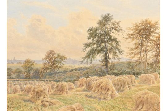 English School, 1892 - Harvest Scene, indistinctly signed B..dock, watercolour, 36 x 50.5cm In - Image 1 of 3