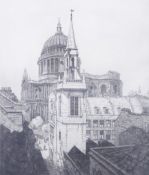 A signed etching of St Pauls Cathedral. Indistinct signature, 29.5cm x 24.