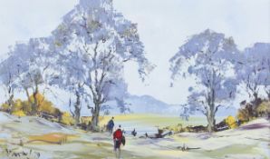 George R Deakins (1911-198), oil on board, Rural Landscape with figures.