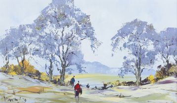George R Deakins (1911-198), oil on board, Rural Landscape with figures.