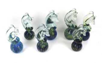 Seven Mdina Maltese glass paperweights. Modelled as horses, including four signed examples, Max.