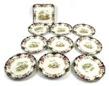 A set of nine Royal Doulton plates and a square dish.
