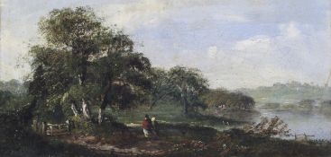 Manner of John Constable, early 19 th century , oil on canvas. Figures by a rural lake, 20.8 x 40.