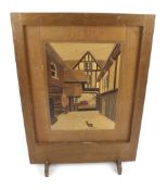 A hand made marquetry firescreen. Depicting a court yard scene with a dog.