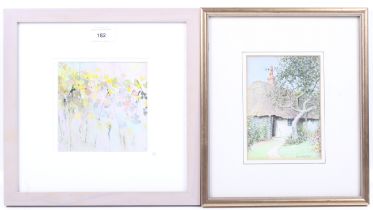 Two watercolours of a thatched cottage and flowers.