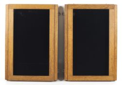 A pair of blonde oak hanging display cabinets. With piano hinges, each H 6.