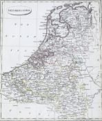 J C Russel & Sons 1822, a hand coloured map. 'Netherlands', framed and glazed, aperture H23.