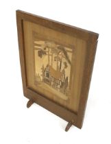 A mid-century parquetry wooden fire screen.