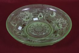 A 1930s period green frosted glass bowl. Press moulded with water lily decoration, Diameter 33.