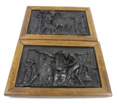 A pair of circa 1920 cast iron framed wall plaques. Both depicting Blacksmiths, bears reg. no.