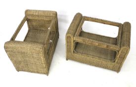 A pair of wicker and bamboo coffee tables.