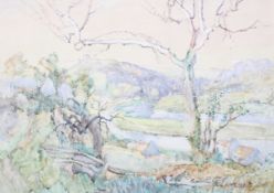 E Cameron, watercolour and gouache, river valley from on high.