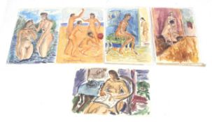 Sergej Michajlovic Luppov (Russian 1893-1977), five pencils and watercolour studies of nude figures.