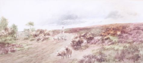 A Victorian watercolour. Signed 'T P Parr', depicting a shepherdess and her flock, 16cm x 35.