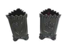 A rare pair of Victorian black glass 1887 Jubilee vases. Triangular form depicting crown and hearts.