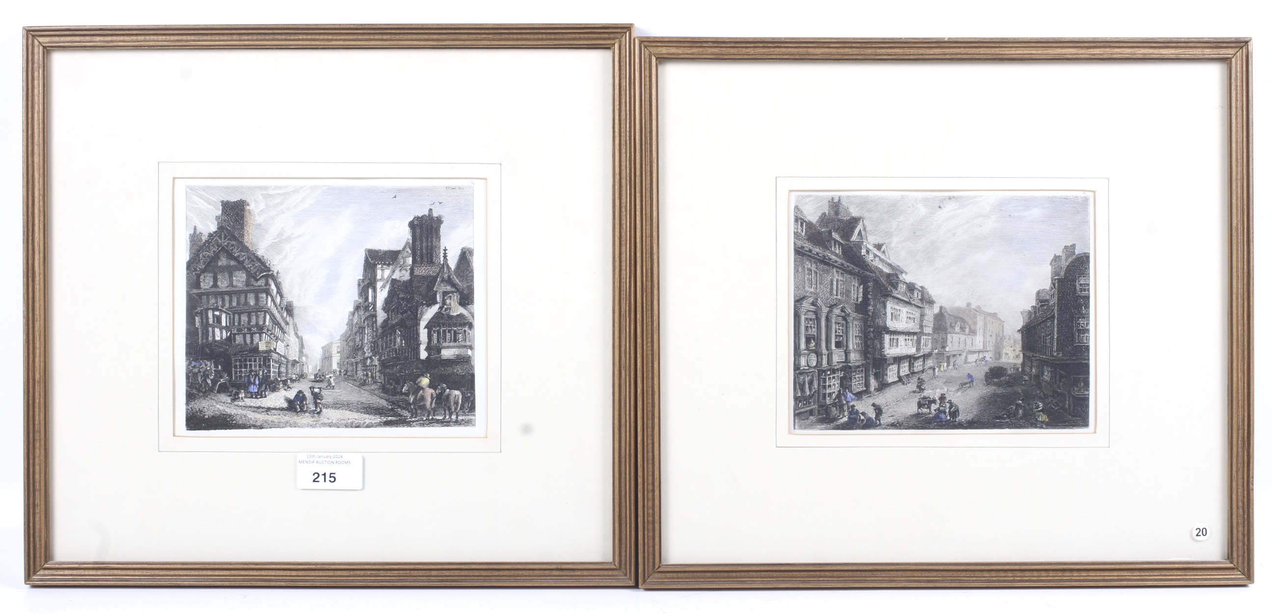 Rev E P Owen, two etchings. 'Mardol, Shrewsbury' and 'The High Street, Shrewsbury', 14cm x 17.