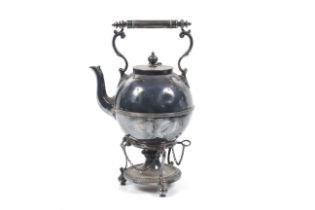 A late 19th/early 20th century silver-plated round tea kettle on stand.