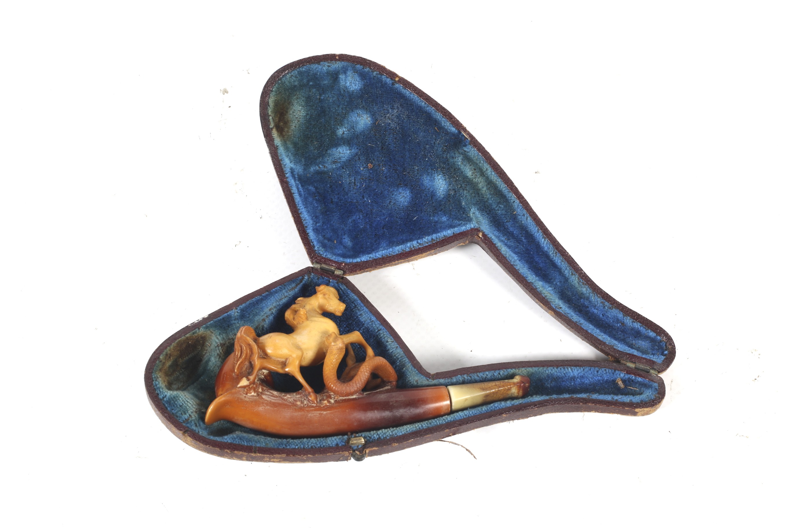 A late 19th/early 20th century meershaum pipe carved with a horse trampling a snake. - Image 2 of 2