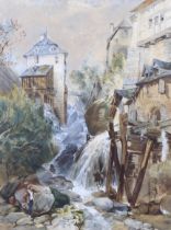 Josephine Bennett (British, 19th century), watercolour. Continental mill beside a raging torrent.