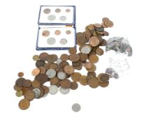 A collection of English and world coins.