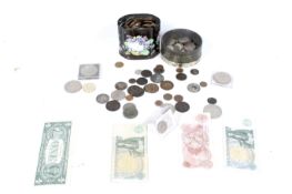 An assortment of coins and notes.