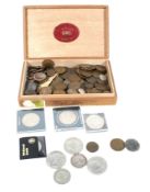 A box of mainly 20th century pennies, a few pre-1947 silver coins and 9 nickel crown coins.