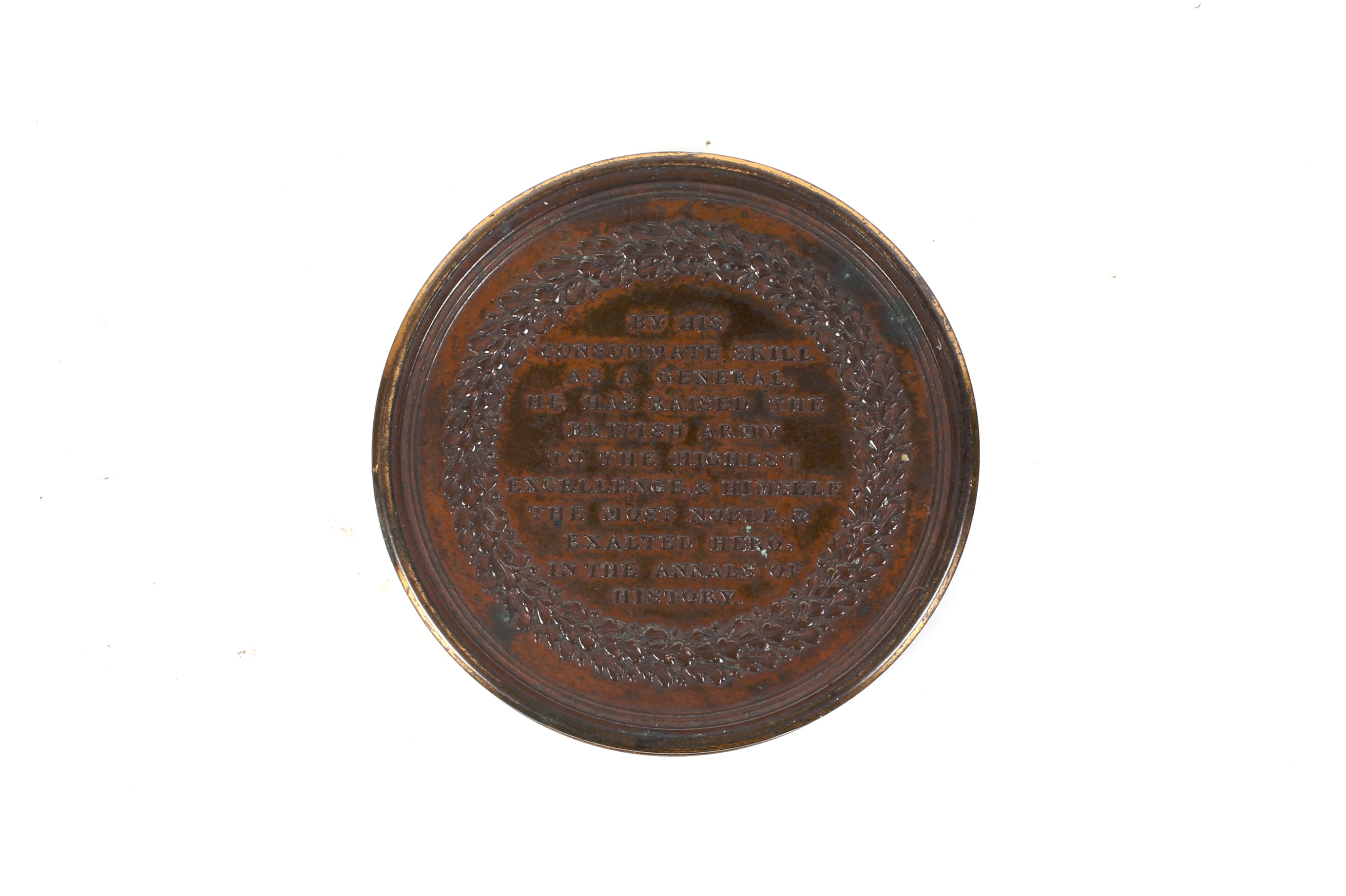 An early 19th century Duke of Wellington Victories bronze medallion box with paper inserts and coin. - Image 4 of 5