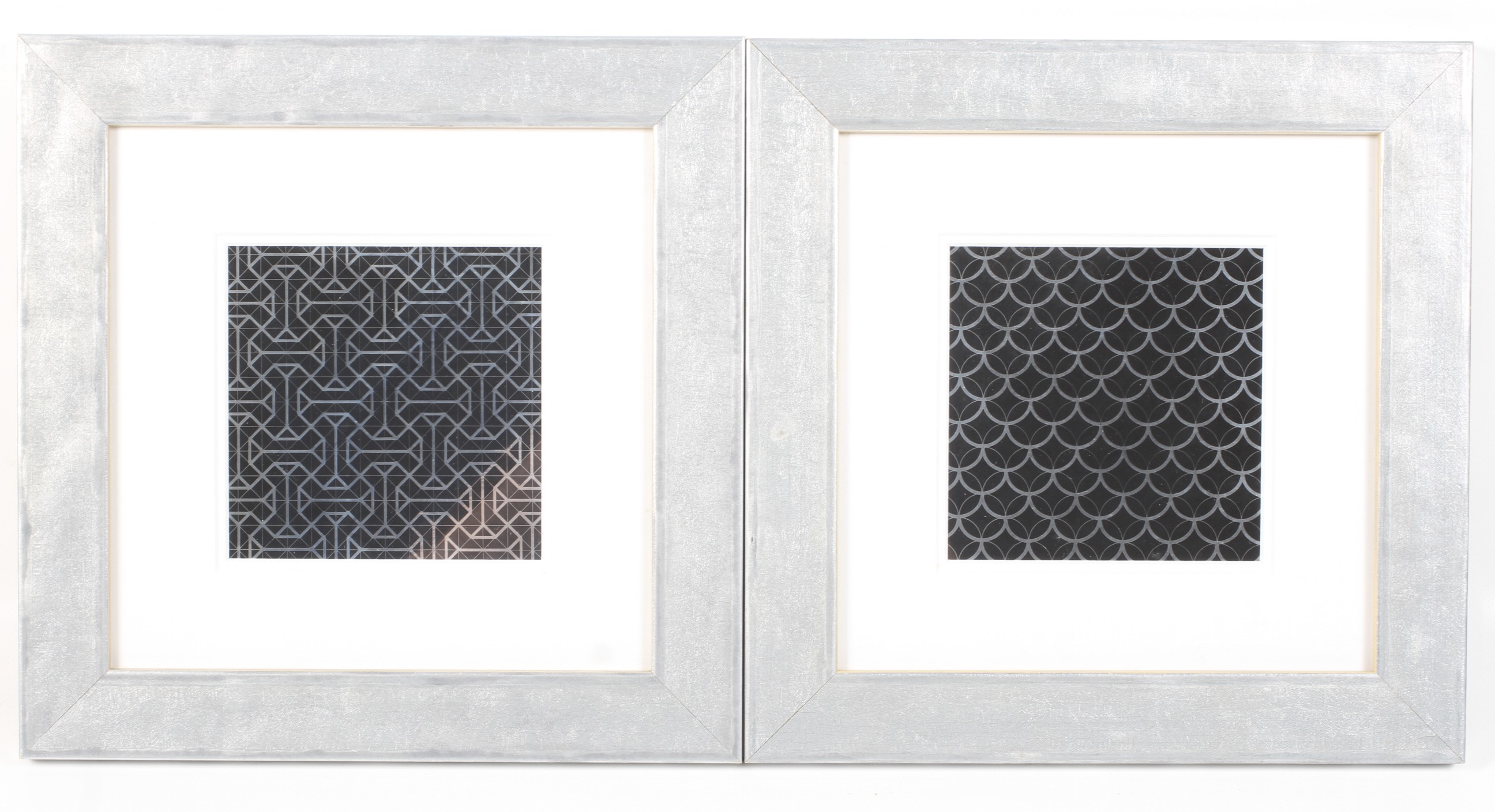 Costas Andrew Mikellides (1938-2019) msia, fcsd, a pair, silver foil on black,