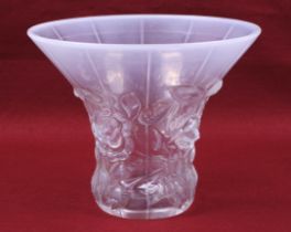 A Barcolac opalescent glass vase. Of trumpet form, decorated with moulded roses and foliage.