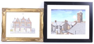 Alan Dunn (20th century), two mixed media pictures. 'Rooftops', and 'The New Winning'.