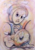 A contemporary pastel and charcoal sketch depicting a woman playing a banjo.