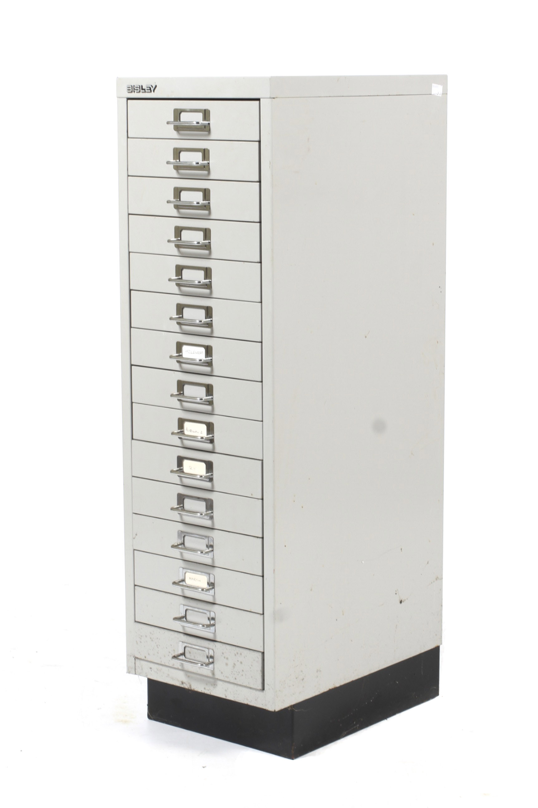A Bisley grey metal fifteen drawer filing cabinet.