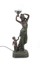 An Art Deco lamp featuring a woman & child. On a plinth base, Max. H77.
