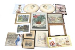 An assortment of prints, pictures and a TRT picture framing kit.