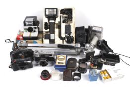 An assortment of cameras and accessories.