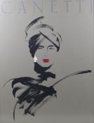 Michael Canetti print, circa 1980. Depicting a woman wearing a hat, framed and glazed.