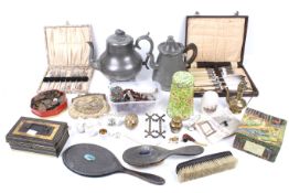Mixed lot of assorted vintage metalware, costume jewellery and china.