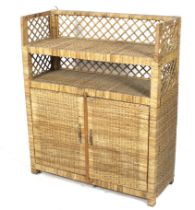 A contemporary wicker and bamboo sideboard cabinet.