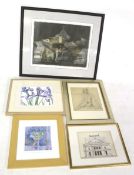Five framed 20th century pictures. Including watercolour, a pencil sketch and prints. Max.