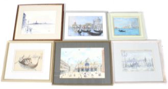 Six oils and watercolours of Venice. Some signed examples, mostly framed and glazed. Max.