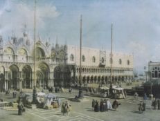 A large early 20th century gilt wood and gesso framed print. Showing St. Marks Square, Venice.