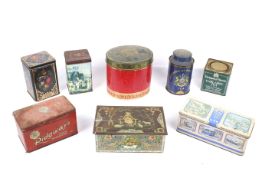 A collection of vintage tins. Including 'Jacksons of Piccadilly Tea', 'Dairy Farm Biscuits', etc.