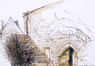 Costas Andrew Mikellides (1938-2019) msia, fcsd, pen ink and wash, 'Hinton Priory, 11/8/2014'.