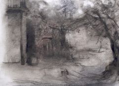 Costas Andrew Mikellides ( 1938-2019 ) msia, fcsd, charcoal and grey wash, 'The secret garden'.
