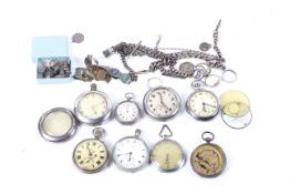 Two silver graduated curb link watch chains and a collection of pocket watches and costume