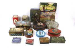 A collection of vintage advertising tins.