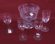 A Victorian ' Fernware' pedestal glass bowl and four assorted glasses.