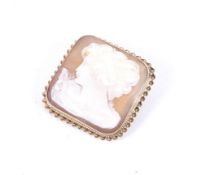 A vintage 9ct gold and oblong shell cameo brooch depicting an unknown female.