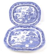 Two meat plates. Both transfer printed in blue and white with the 'Willow' pattern, Max.